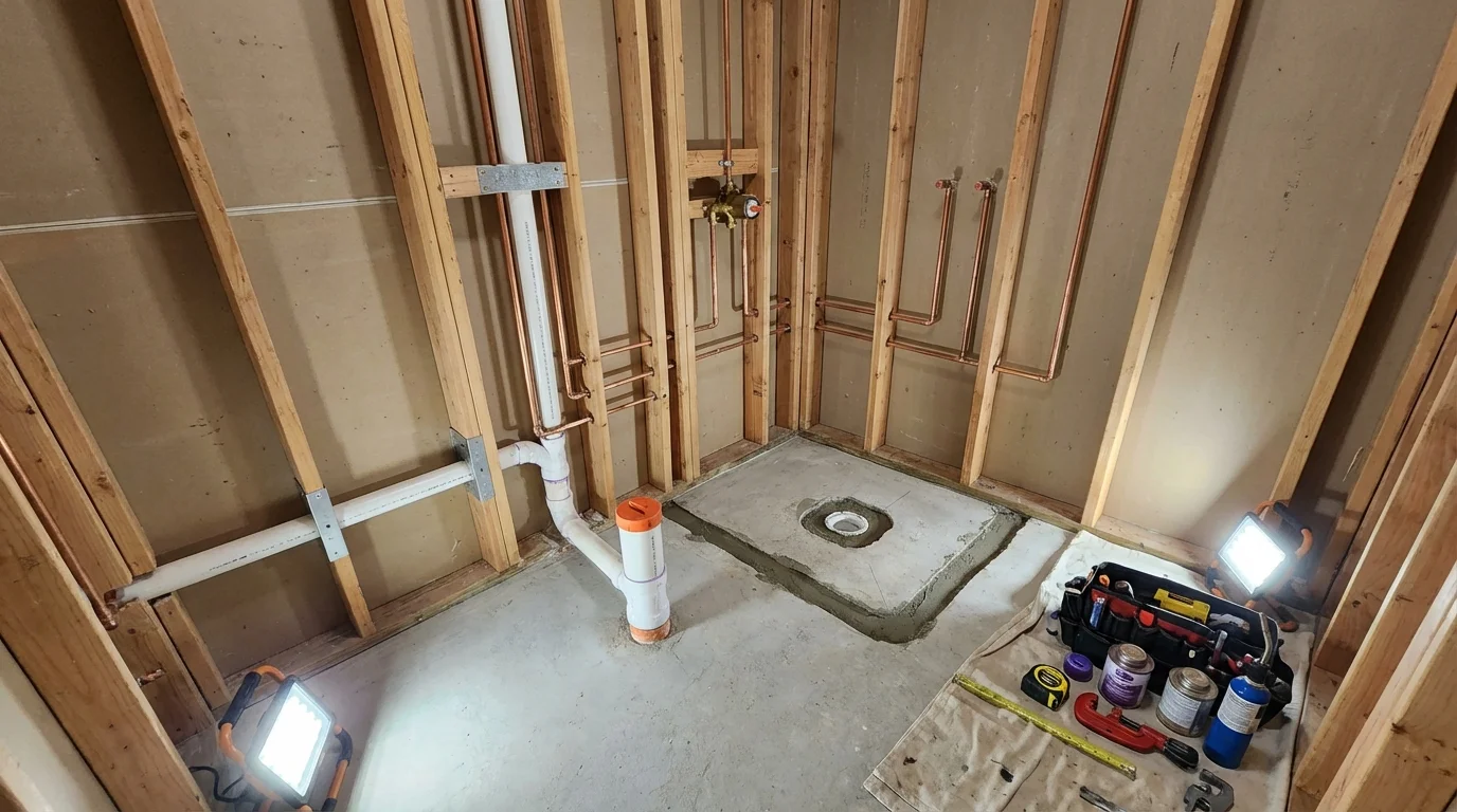 Bathroom rough-in plumbing during remodel by Johns Plumbing LLC in Newburgh