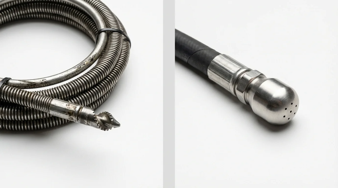 Drain snake cable and hydro jetting nozzle used for drain cleaning in Newburgh, IN