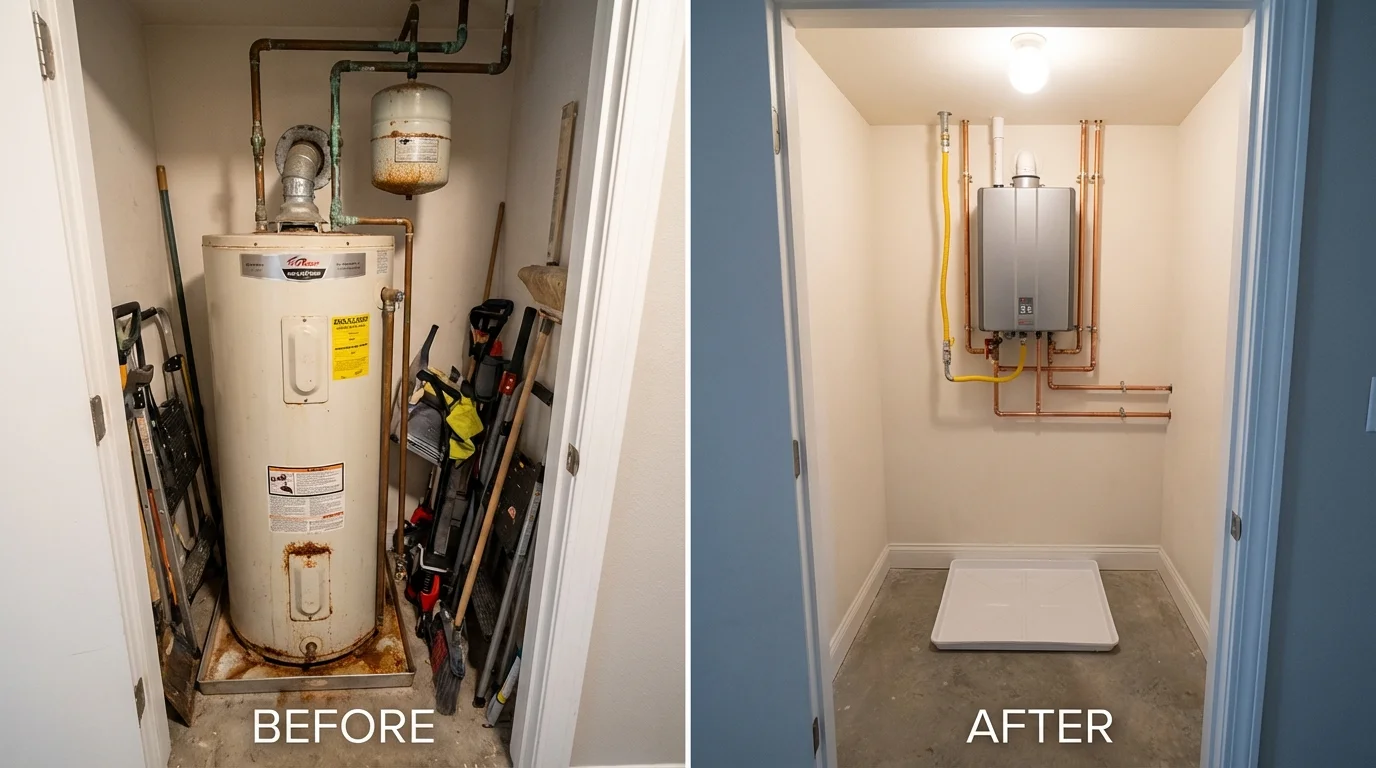 Tank water heater versus wall-mounted tankless unit comparison for Newburgh, IN homeowners
