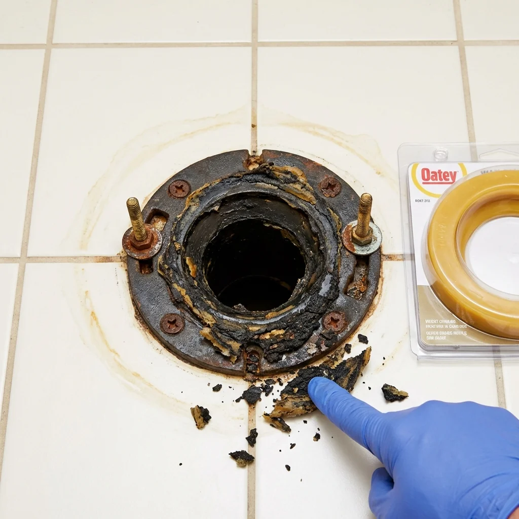 Failed wax ring showing water seepage at the base of a toilet in a Newburgh, IN home