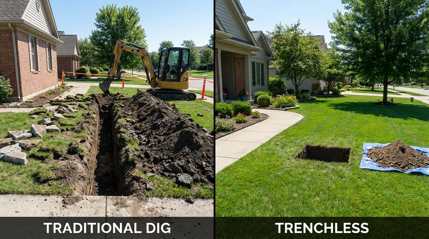 Trenchless sewer repair with minimal yard damage versus traditional excavation in Newburgh, IN