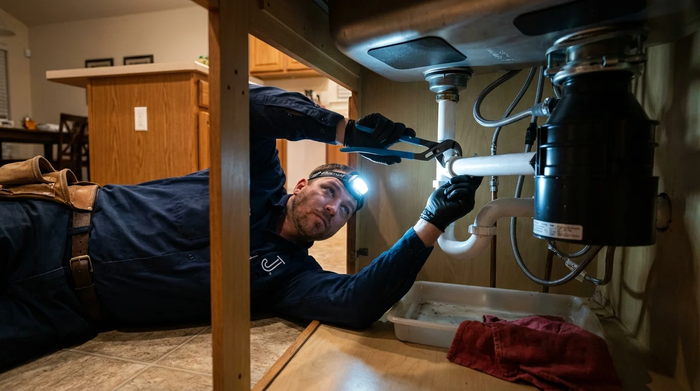 P-trap and supply line connections under a kitchen sink showing a common leak point in Newburgh, IN